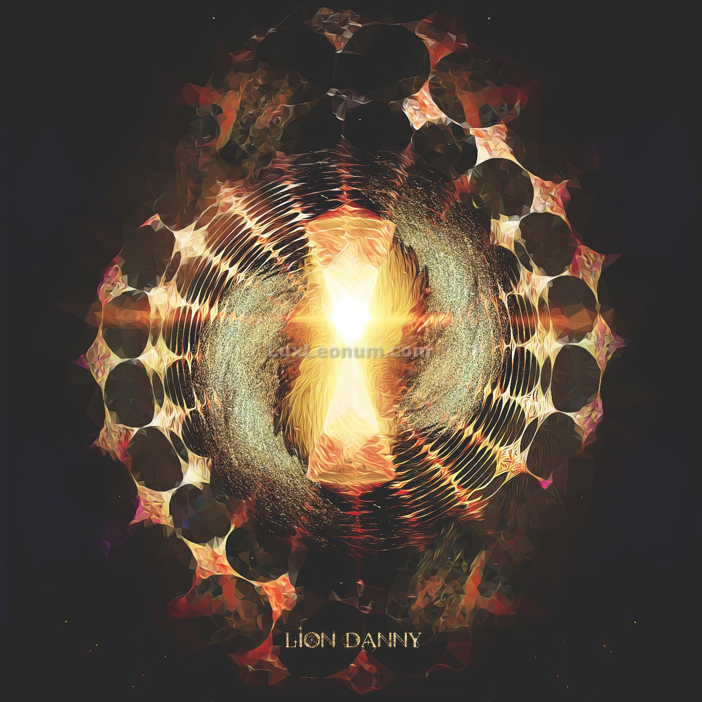 abstract artwork of an hourglass in front of a lava-like spiral that turns into golden dust and is surrounded by a sharp, star-shaped grid - Original Artwork by Lux Leonum
