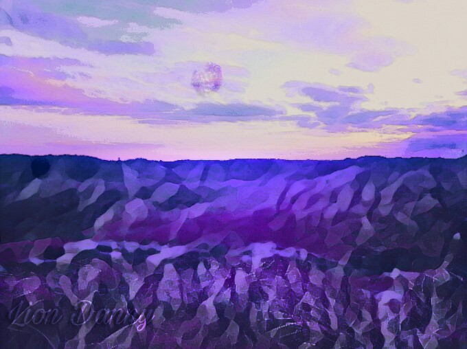 abstract artwork of 3 dunes made of deep-purple amethyst crystals under a colorful pink and violet sky