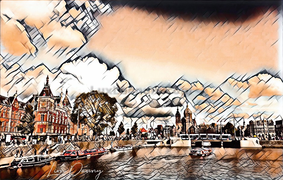 Abstract artwork of amsterdam's central station, classic large buildings line a square besides a large waterway with boats