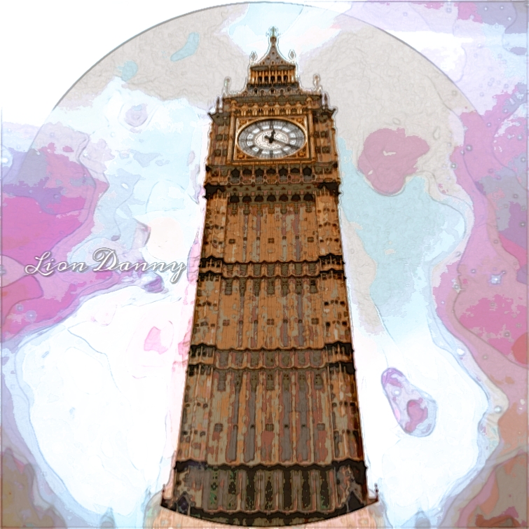 abstract artwork of London's Clocktower Big Ben, with white a circular frame around the clocktower, splashes of aquarela paint over the canvas.