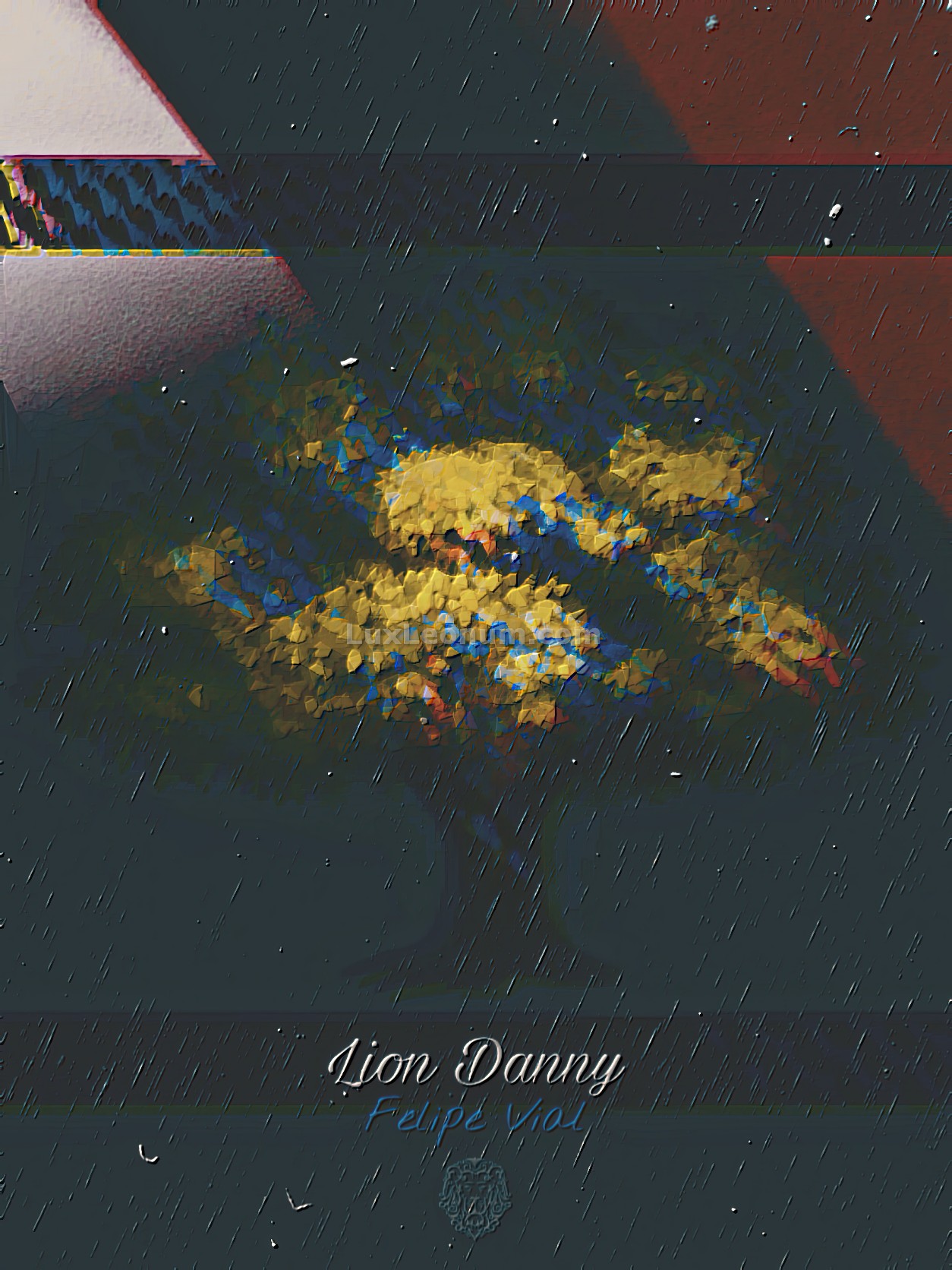 abstract art of a tree during autumn with yellow leaves under the rain in a black background with red and pink stripes - Original Artwork by Lux Leonum