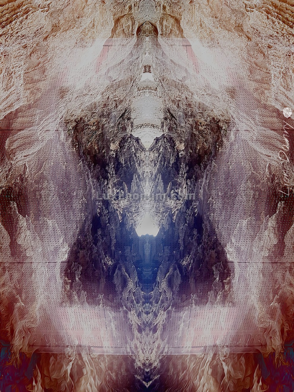 abstract artwork of an ethereal battlefield between a king of light and an oppositor of darkness, surrounded by fire and mountains - Original Artwork by Lux Leonum
