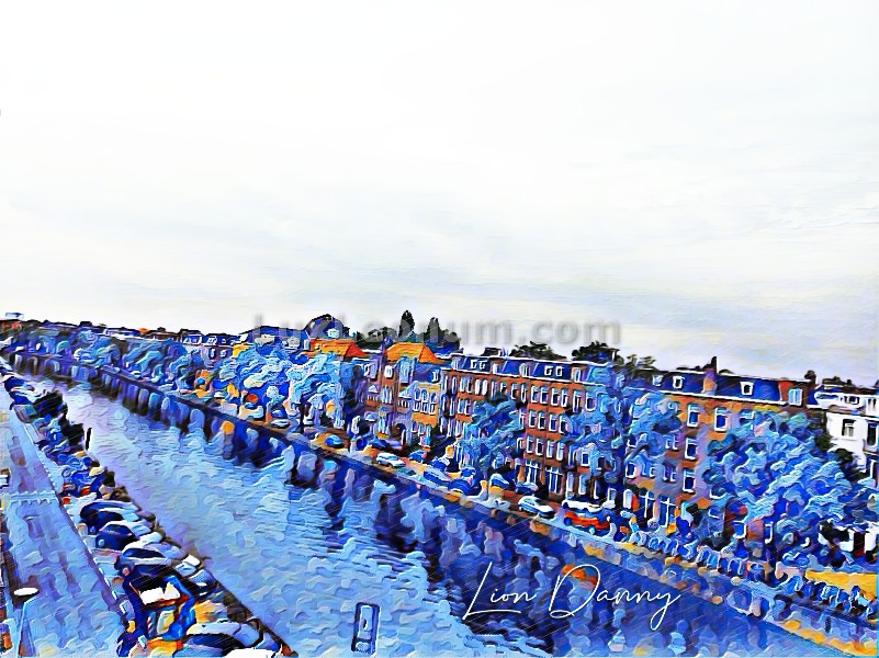 abstract artwork of a large waterway sided by a row of red-brick buildings and snow-covered trees during winter