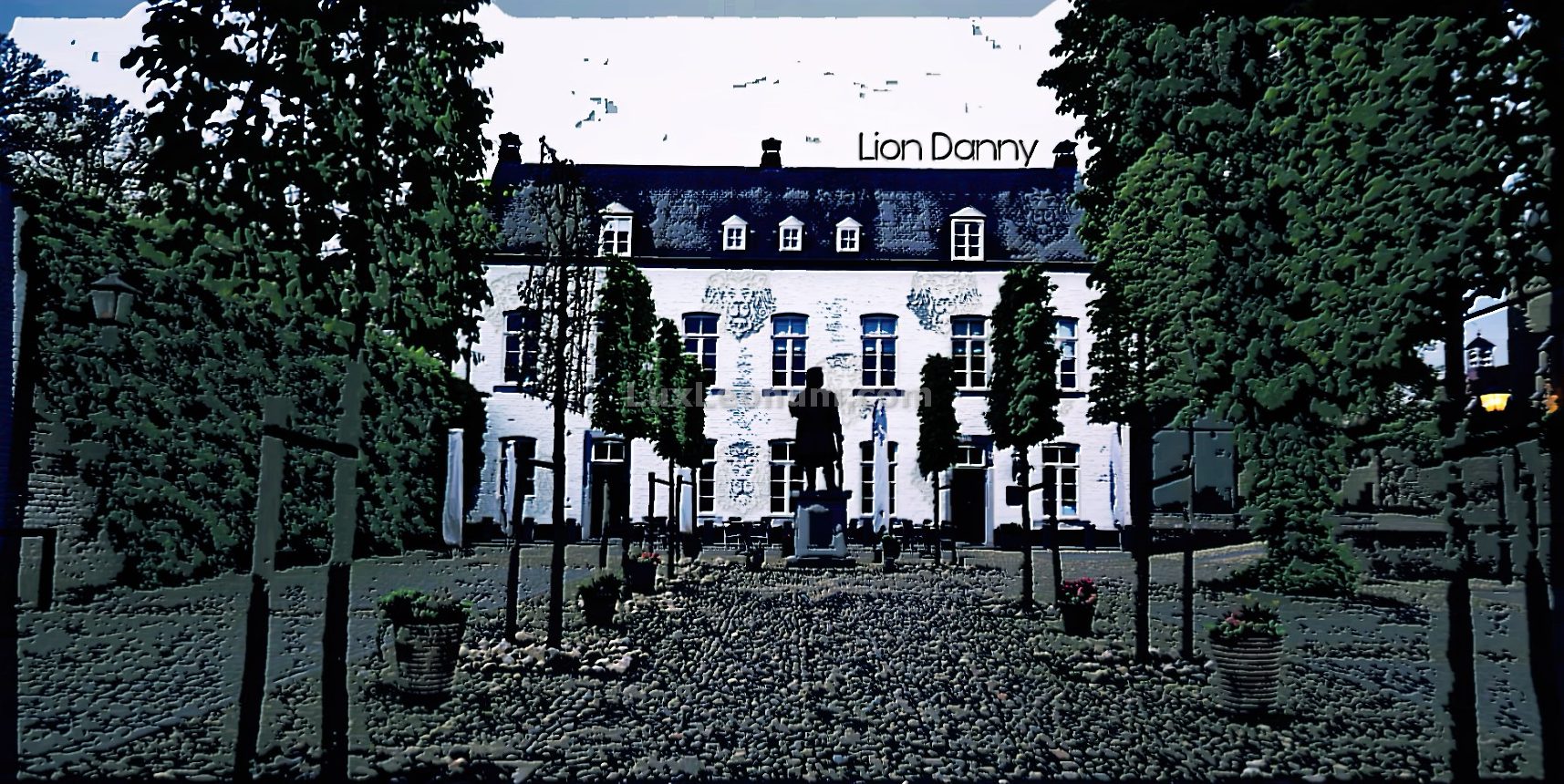 Abstract art of a large white home in front of a large front yard that posesses rows of trees and a statue of man Original Artwork by Lux Leonum