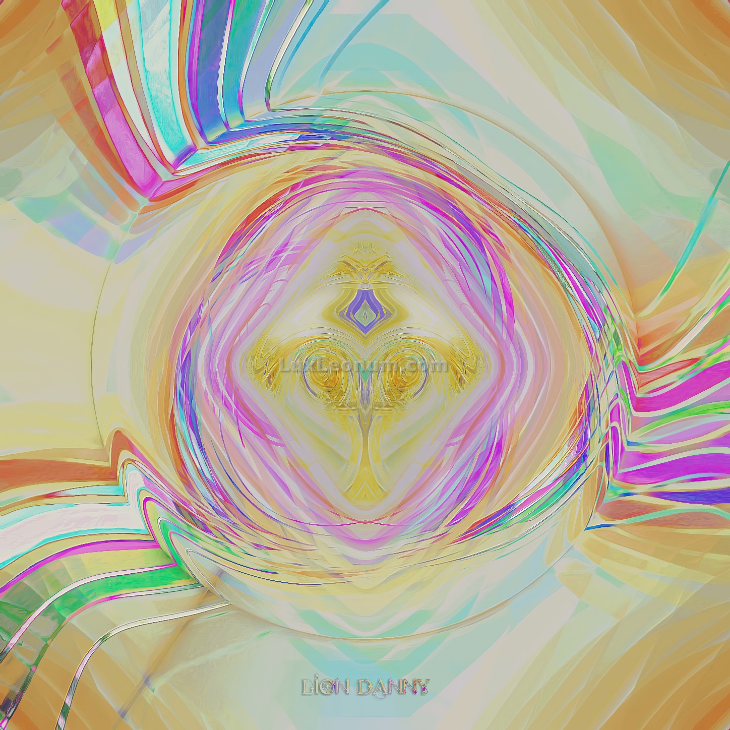 abstract artwork of a losange-shaped orifice that contains a golden lectern hosting a golden book that creates pages within itself, forming a round marble of all possible colors - Original Artwork by Lux Leonum