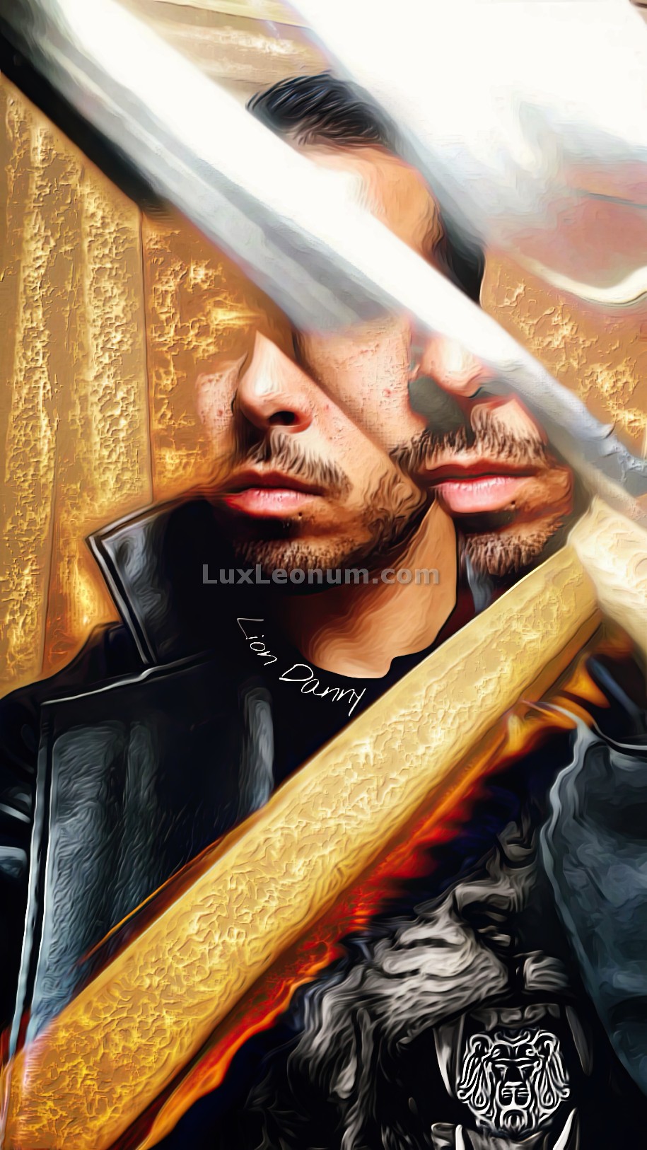 Abstract artwork of a man dressed in a black coat and shirt with a roaring lion holds a silver sword while parrying with it, a golden, flaming-sword