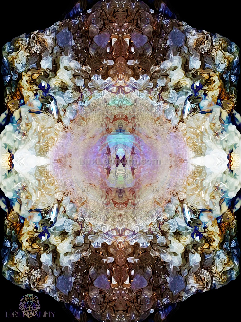 abstract artwork of many minerals such as iron, quartz, cobalt, lead, gold and silver, surrounded by two kings and two queens with crowns, who give way to pulsating twin elephants within - Original Artwork by Lux Leonum