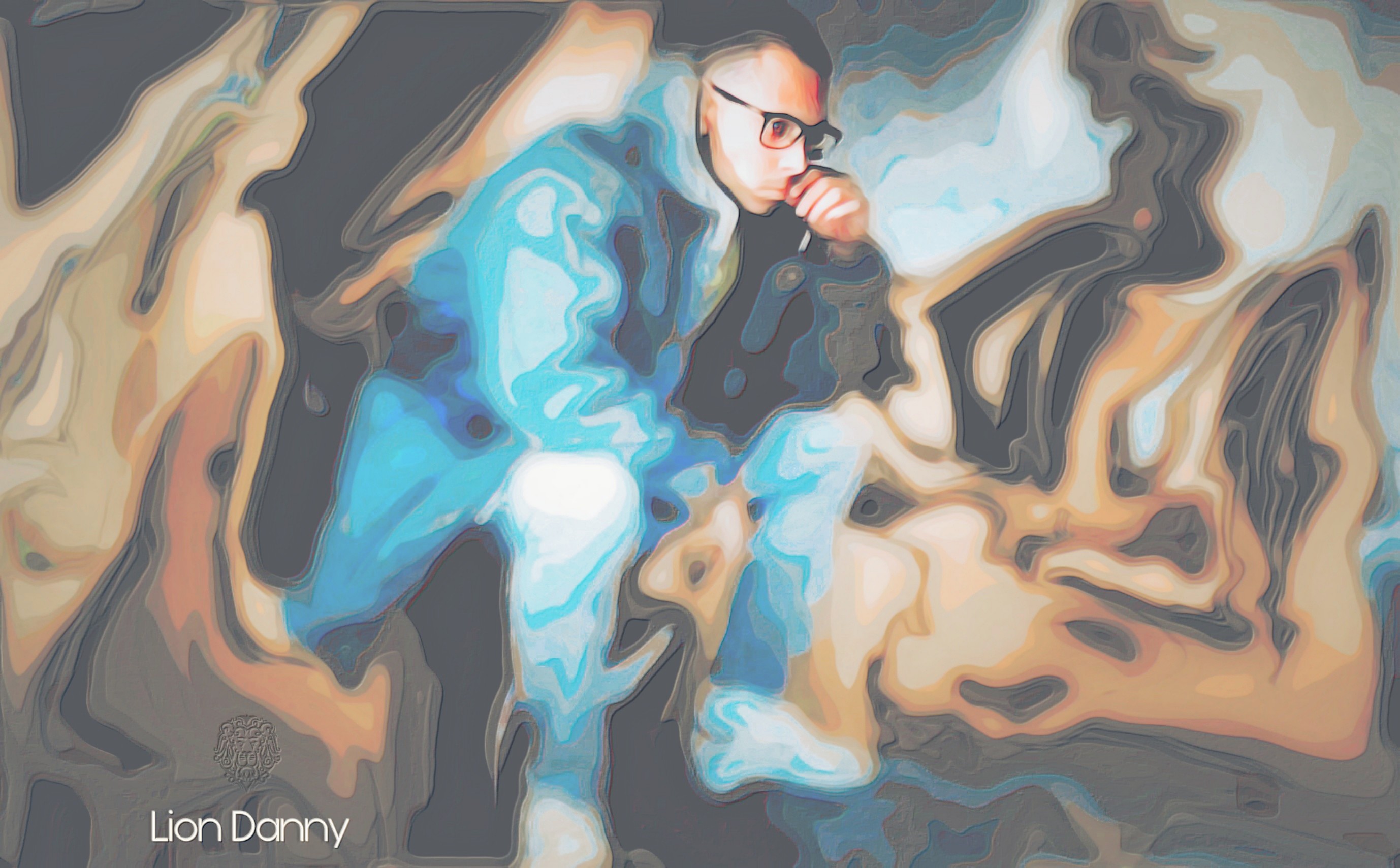 Abstract artwork of a man sitting down on top of a rock, thinking in a distorted background of colors black, brown and ice-blue