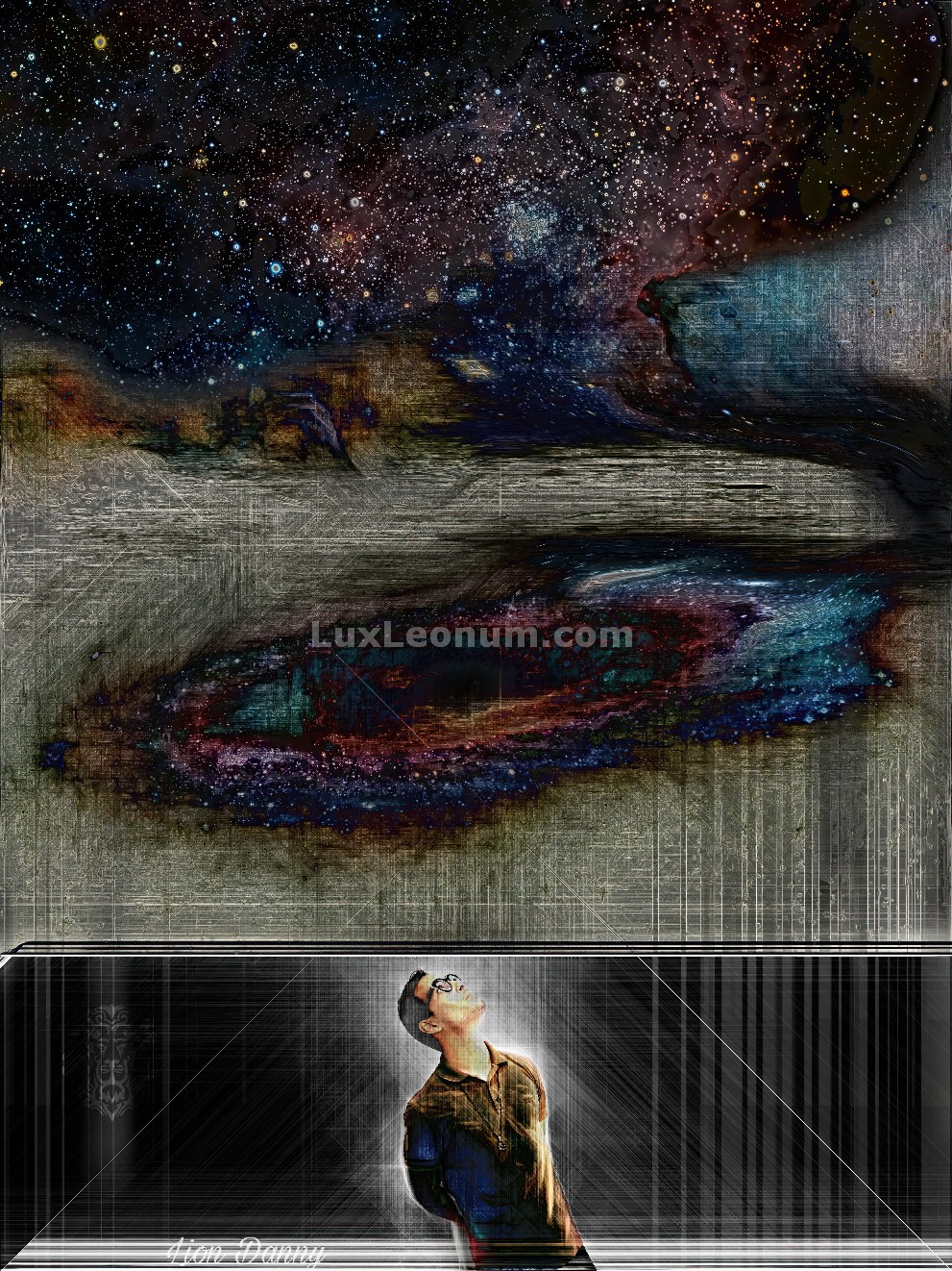 abstract artwork of a man looking from within a room, up into the cosmos