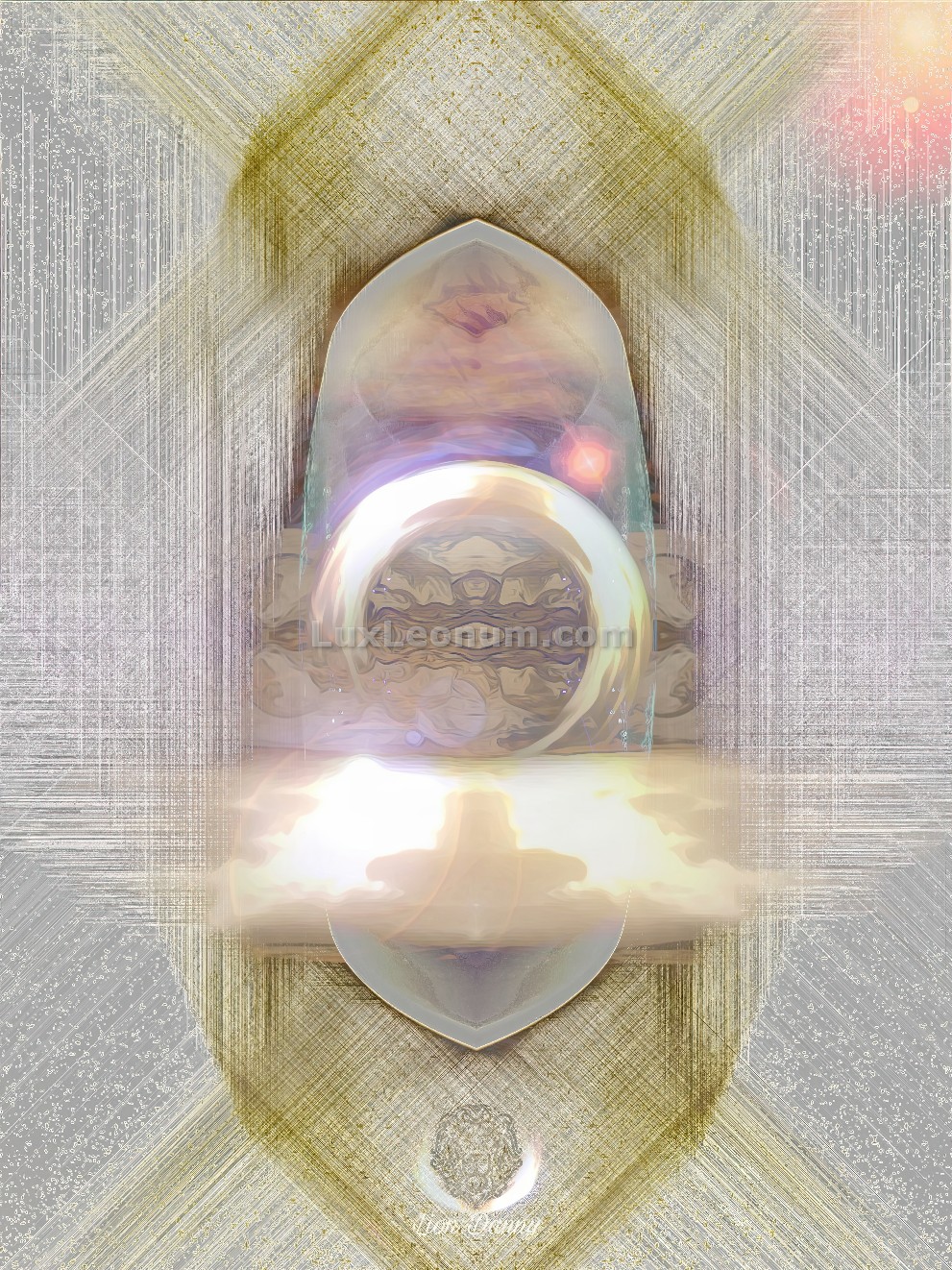 abstract artwork of a rectangular-shaped gemstone with a lion's mouth inside of it, sharing space with a golden ring that envelops an ancient man-like design - Original Artwork by Lux Leonum