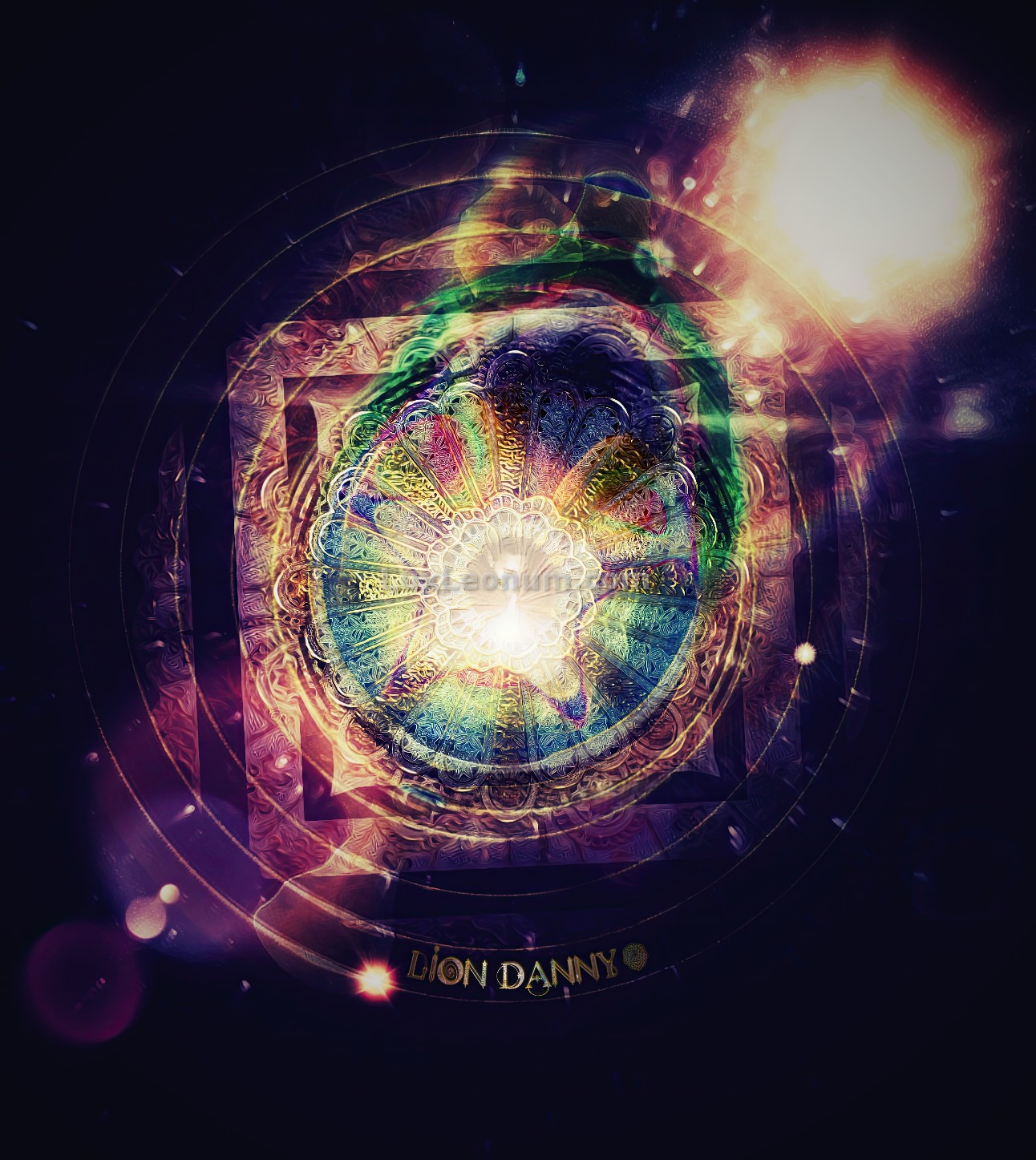 abstract artwork of a comet pulsing out of a symmetrical multi-layered square designed inside of many rings that give place for a flower with a man inside - Original Artwork by Lux Leonum