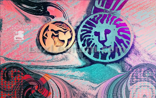 Abstract artwork of a medal-shaped lionhead besides a medal-shaped mermaid above waves