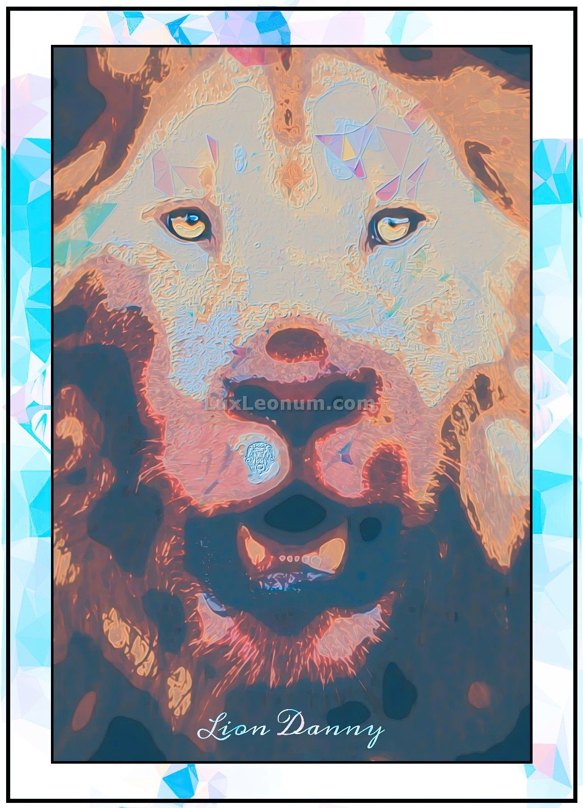 Abstract Artwork of a lion's head in colorful yellow, blue and red colors