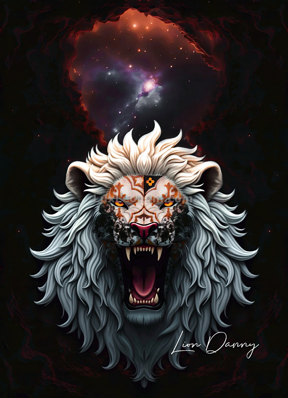 Abstract artwork of a galaxy in clouds and male white lion head with victorian paintings roars