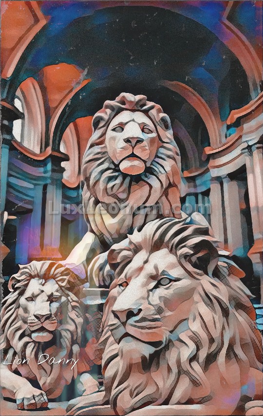 Three sculptures of male lions sit by each other making a triangle in the middle of a grand hallway