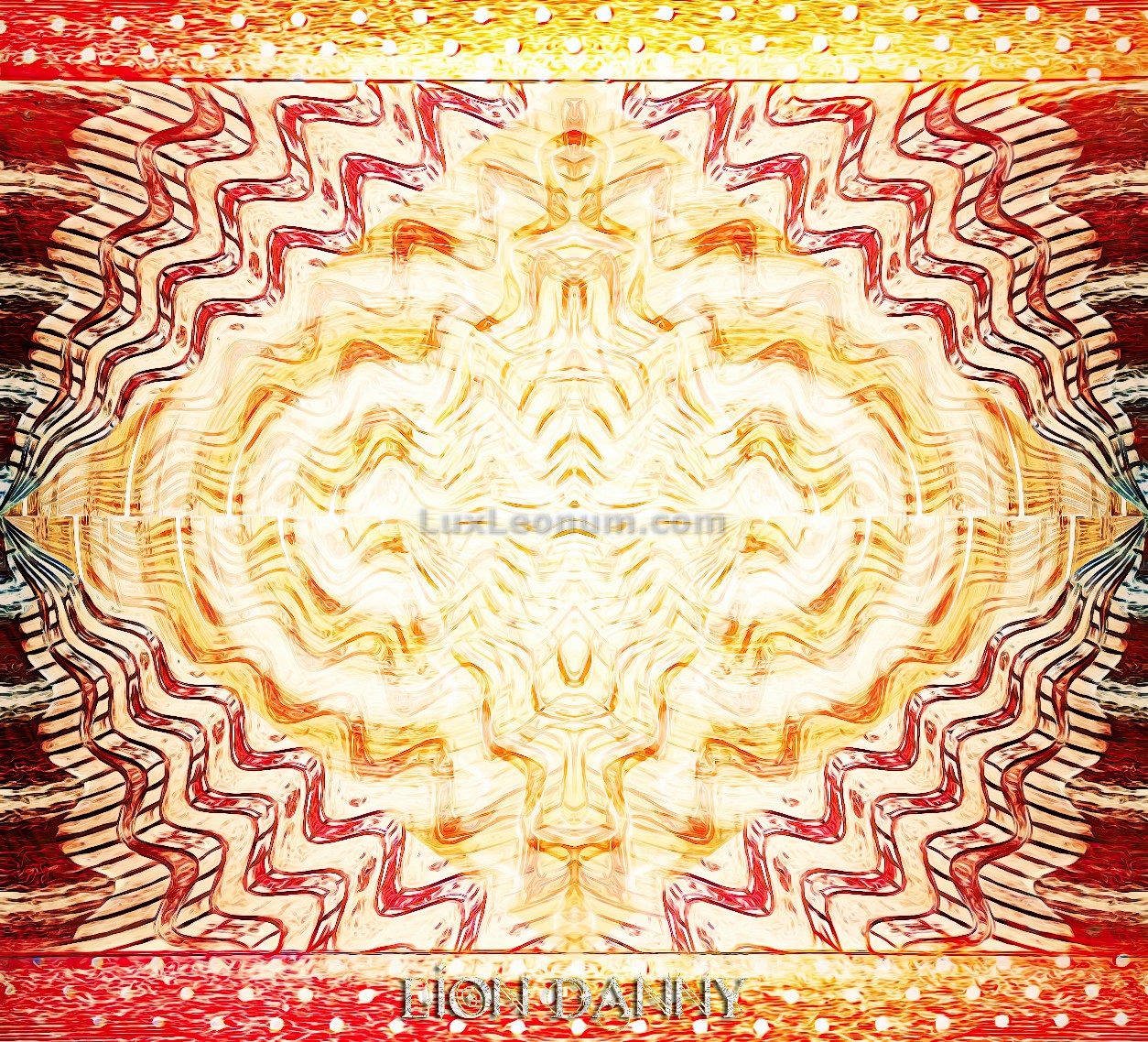 abstract artwork of red waves that are being projected on the right and left end of the picture and that together form a light figure inside of a yellow diamond - Original Artwork by Lux Leonum