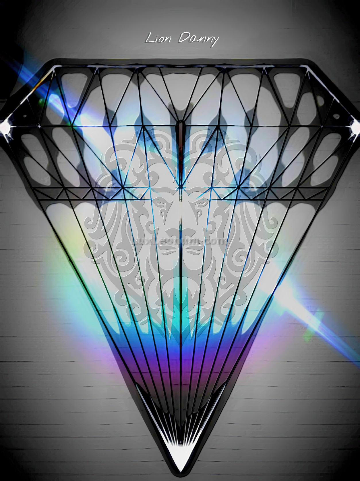 Abstract artwork of a diamond outlined in black, with its inside being clear, a lion's head is seen inside of it - Original Artwork by Lux Leonum