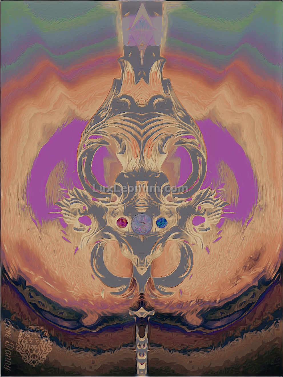abstract artwork of a flaming greatsword's hilt with 3 gems, in front of a pulsating flame of many colors between orange, brown and green - Original Artwork by Lux Leonum