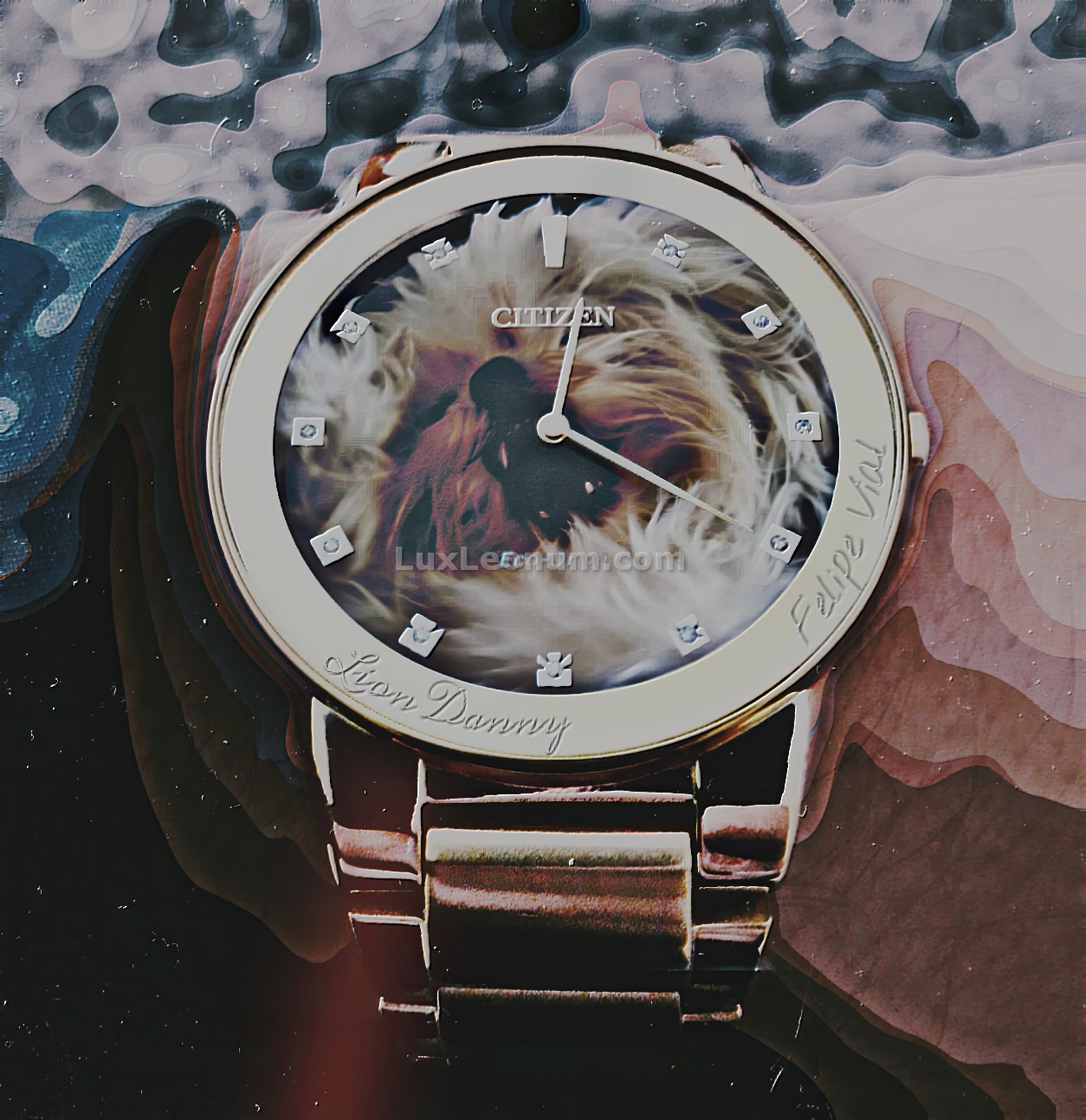 abstract art of a golden wristwatch with a design of a tiny roaring lion inside, in colors of green, blue and clay - Original Artwork by Lux Leonum