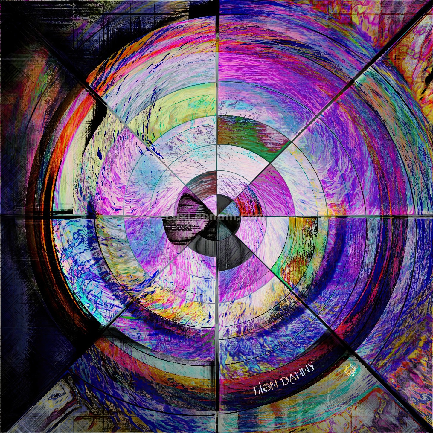 abstract artwork of a round object that is divided in 8 main parts and divided within by another 8 parts, colored in many colors and hues, from green to purple, violet and blue - Original Artwork by Lux Leonum