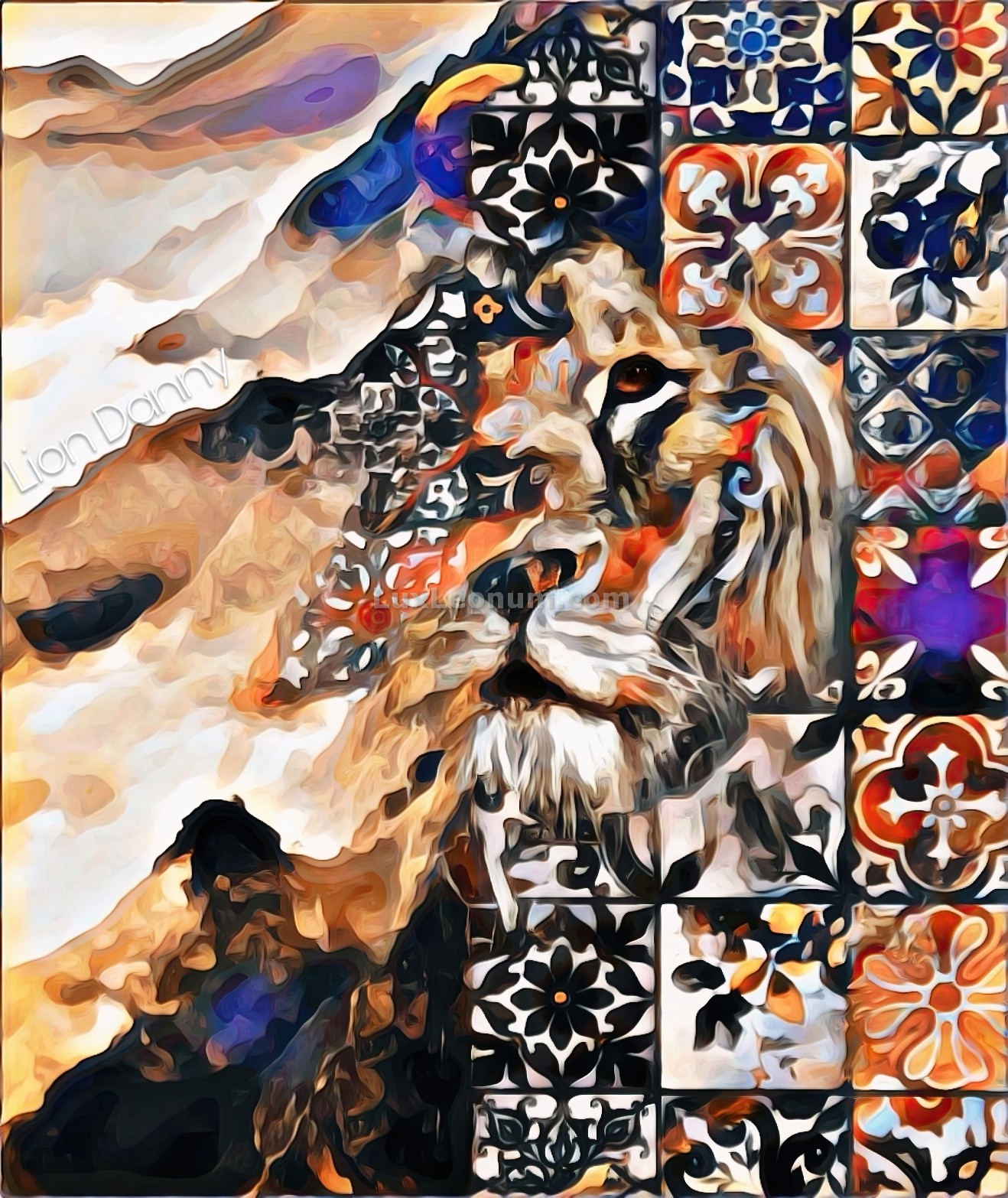 abstract artwork of high mountains, a lionhead blended into the mountains and a large moisaic wall