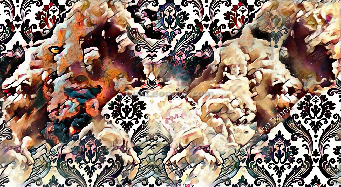 Abstract artwork of a mountain mixed with damask cloth patterns, the face of a lion is seen as part of a mountain top
