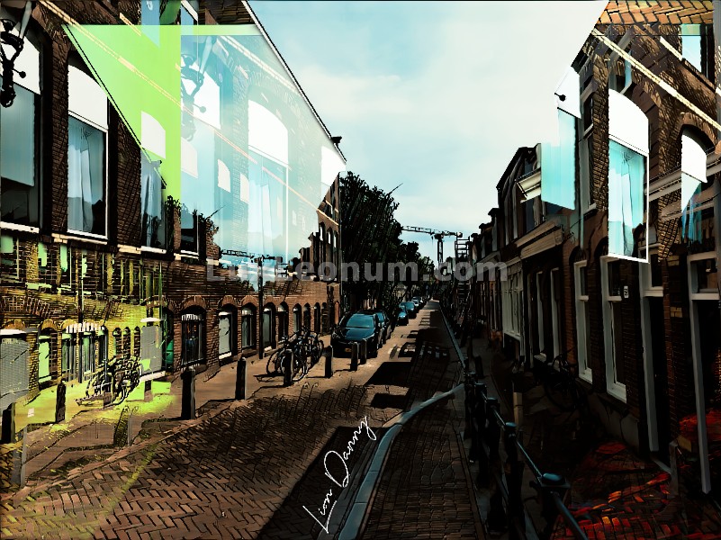 a narrow brick-pavemented street with short houses on its sides, small walkways and guarding fences filled with bikes.