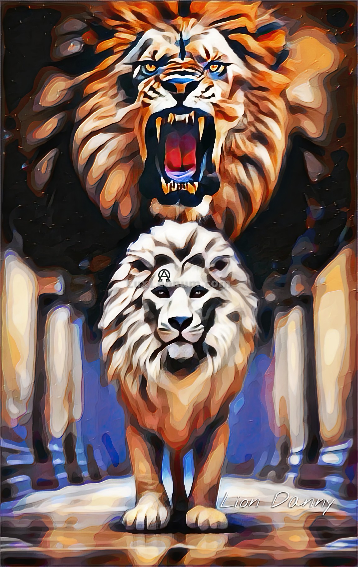 An orange lionhead roars from a galaxy atop a white composed lion in the middle of a hallway