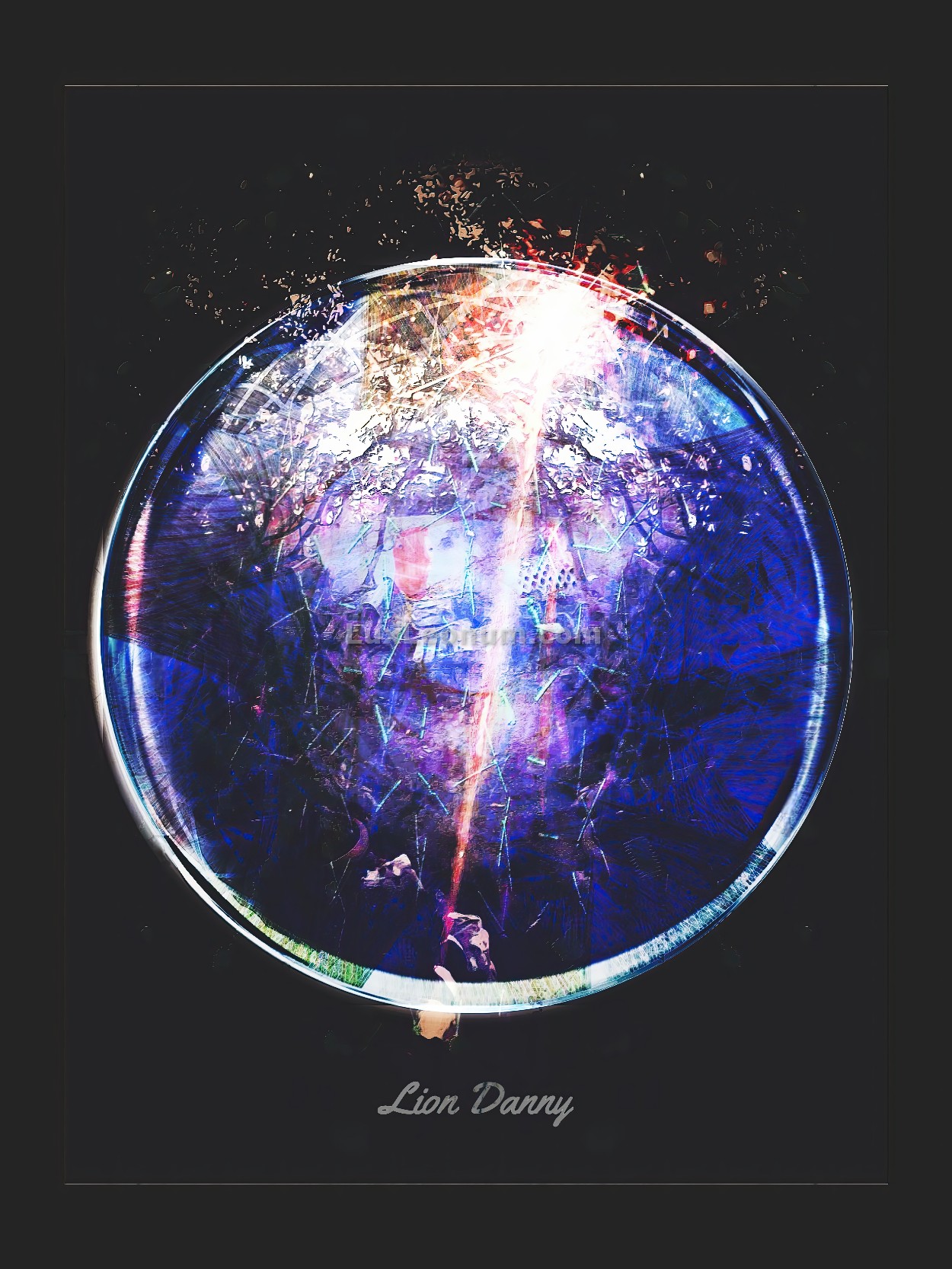 abstract artwork of a round glass marble made of blue and black striped colors, with a ray of light that is hitting the top of this marble and shattering it - Original Artwork by Lux Leonum