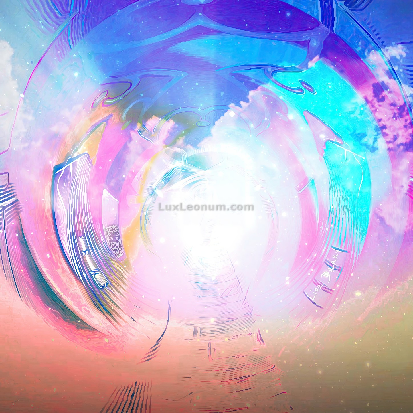 abstract artwork of a tunnel made of instruments and notes, paved by lyrics in an infinite sky of violet, cyanblue, blue, orange, yellow and white - Original Artwork by Lux Leonum