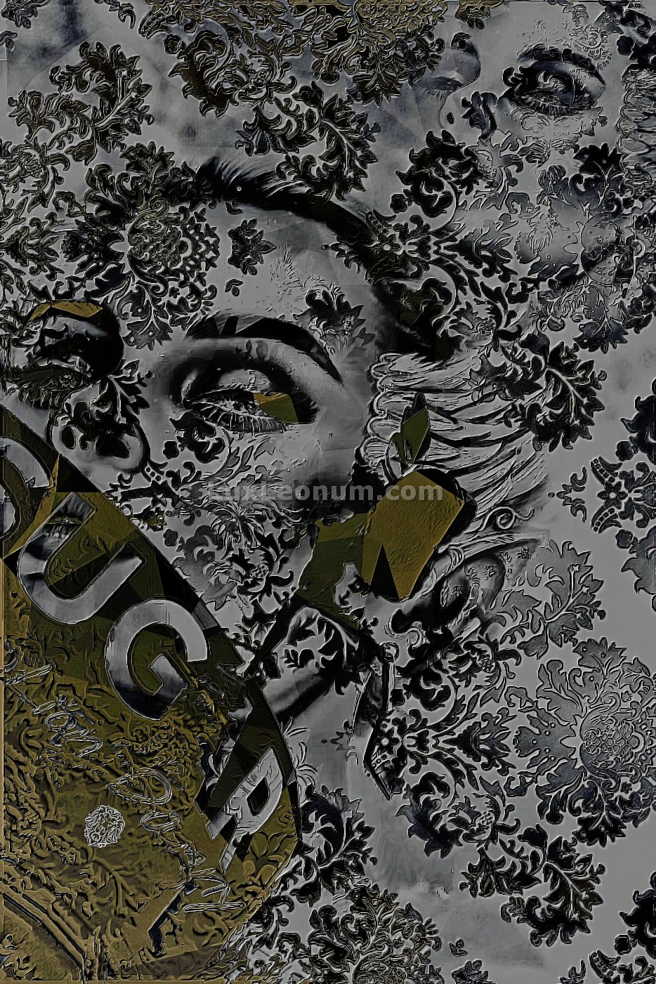 Abstract Artwork of a carved marble block with the face of a woman and many damask cloth patterns