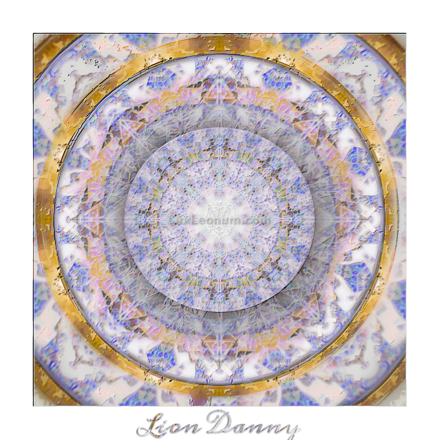 abstract artwork of white and blue-colored porcelain-like round objects tied together by golden outer rings Original Artwork by Lux Leonum