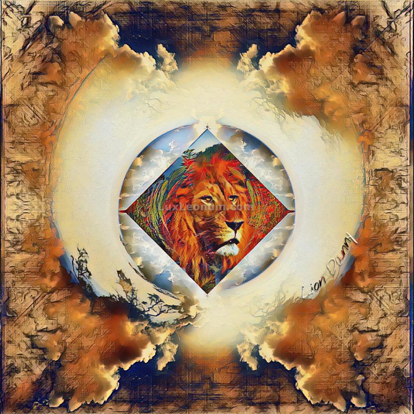 A red/orange lionhead is drawn inside of a losange, which is inside of an imperfect circle with clouds, inside of an egg-shaped circle by golden clouds