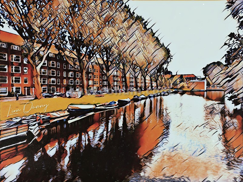 abstract artwork of a large row of red-brick buildings, beside a row of large trees, a row of small boats and a large waterway.