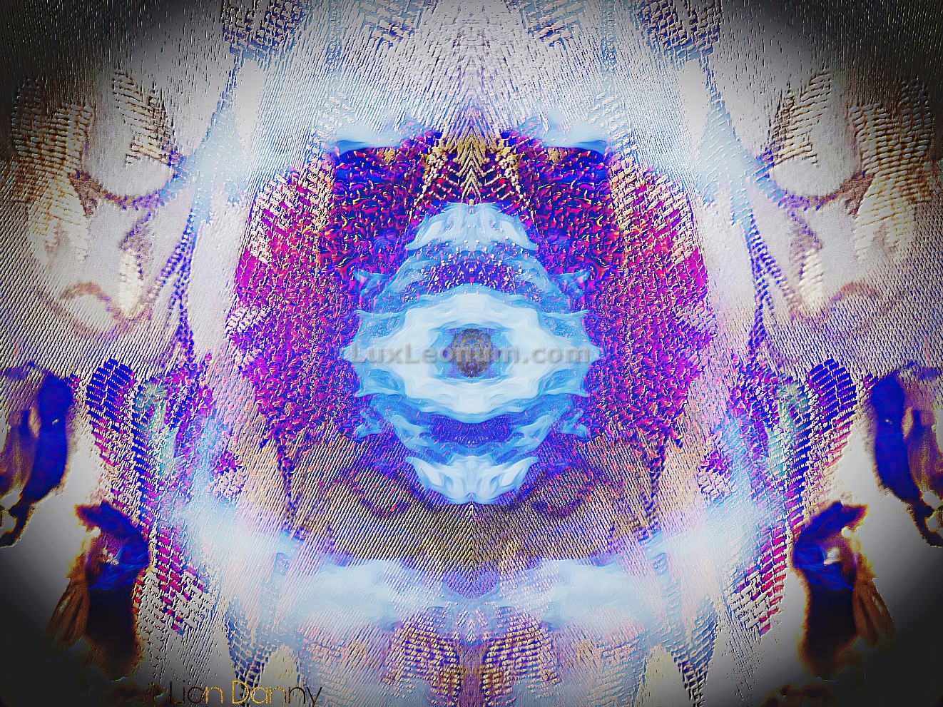 abstract artwork of a man with a crown of red leaves and golden adornments around his head, drawn on top of a fabric while smoke surrounds the forehead of the man - Original Artwork by Lux Leonum