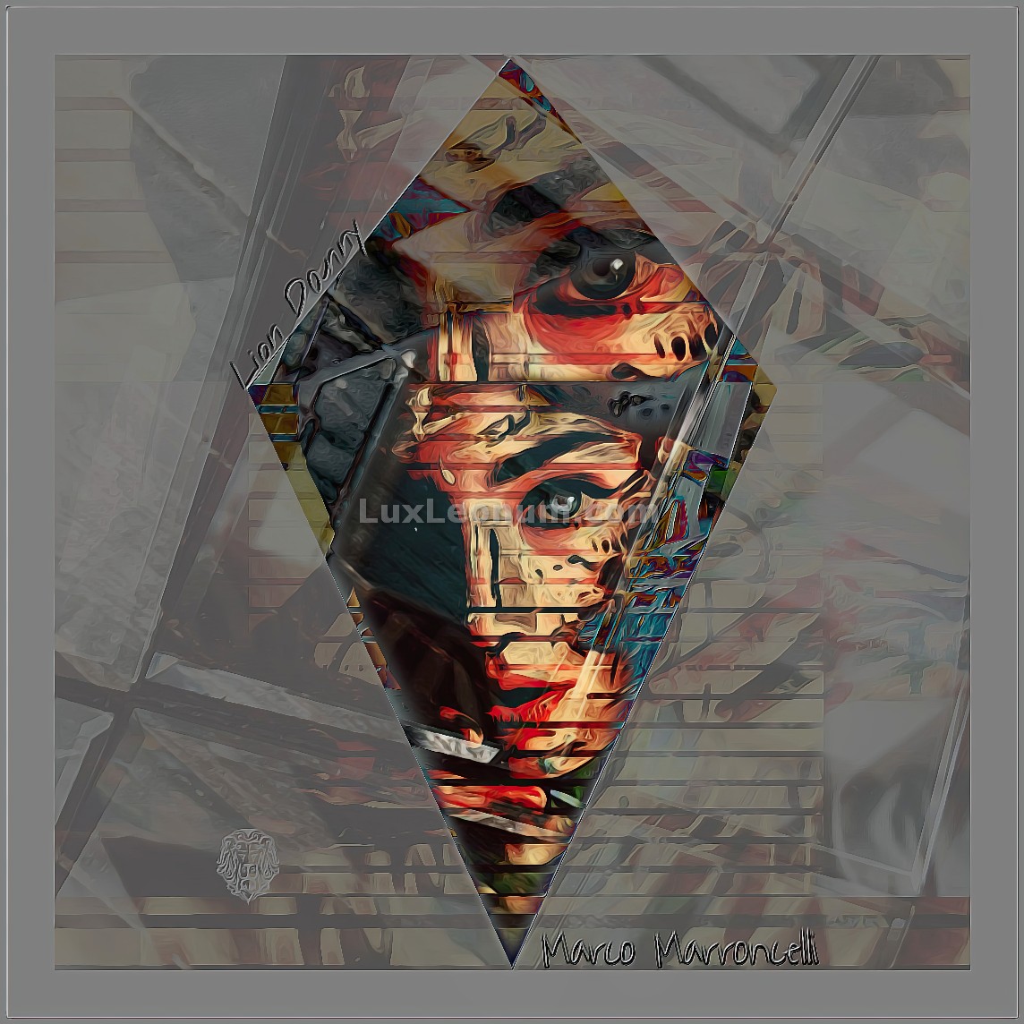 abstract artwork a transparent diamond that holds the portrait of faces of two women.