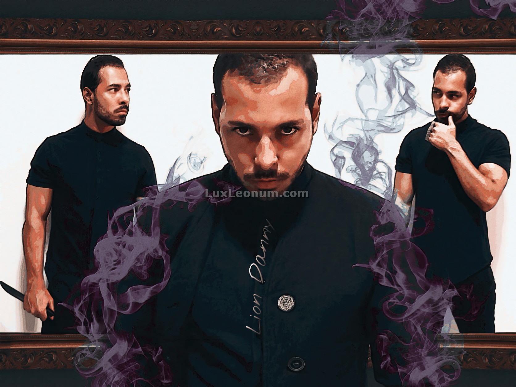 Abstract of 3 male figures dressed in black, 2 of which are inside of a frame of a white portrait, while the other stands between the frame as if it were a window