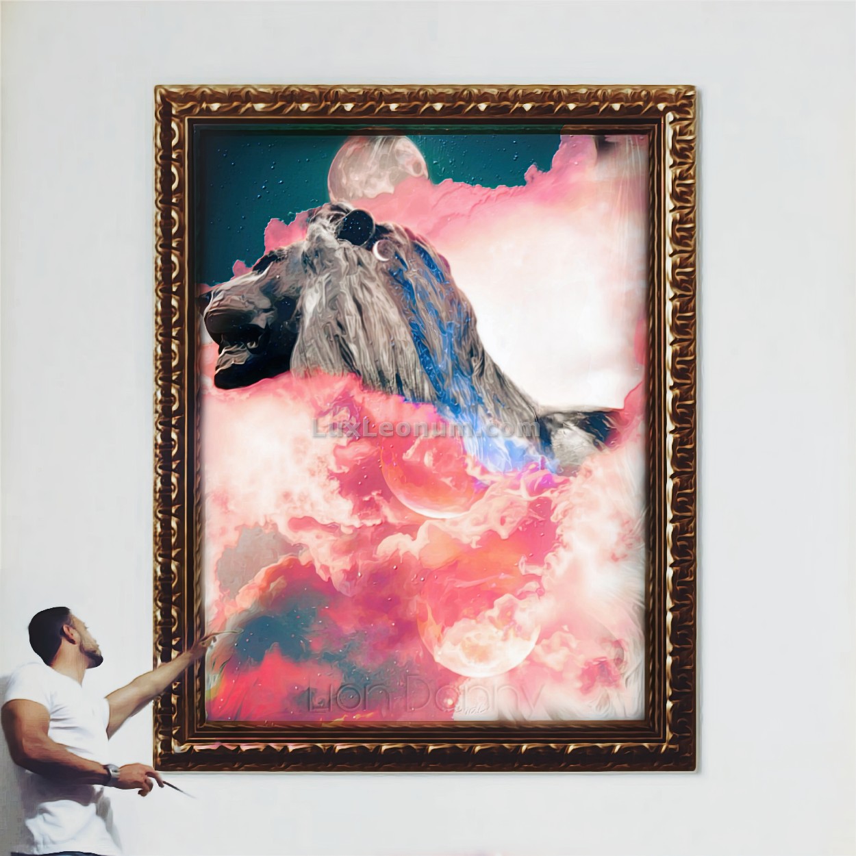 abstract art of a painter in front of a large painting of a lion in red clouds