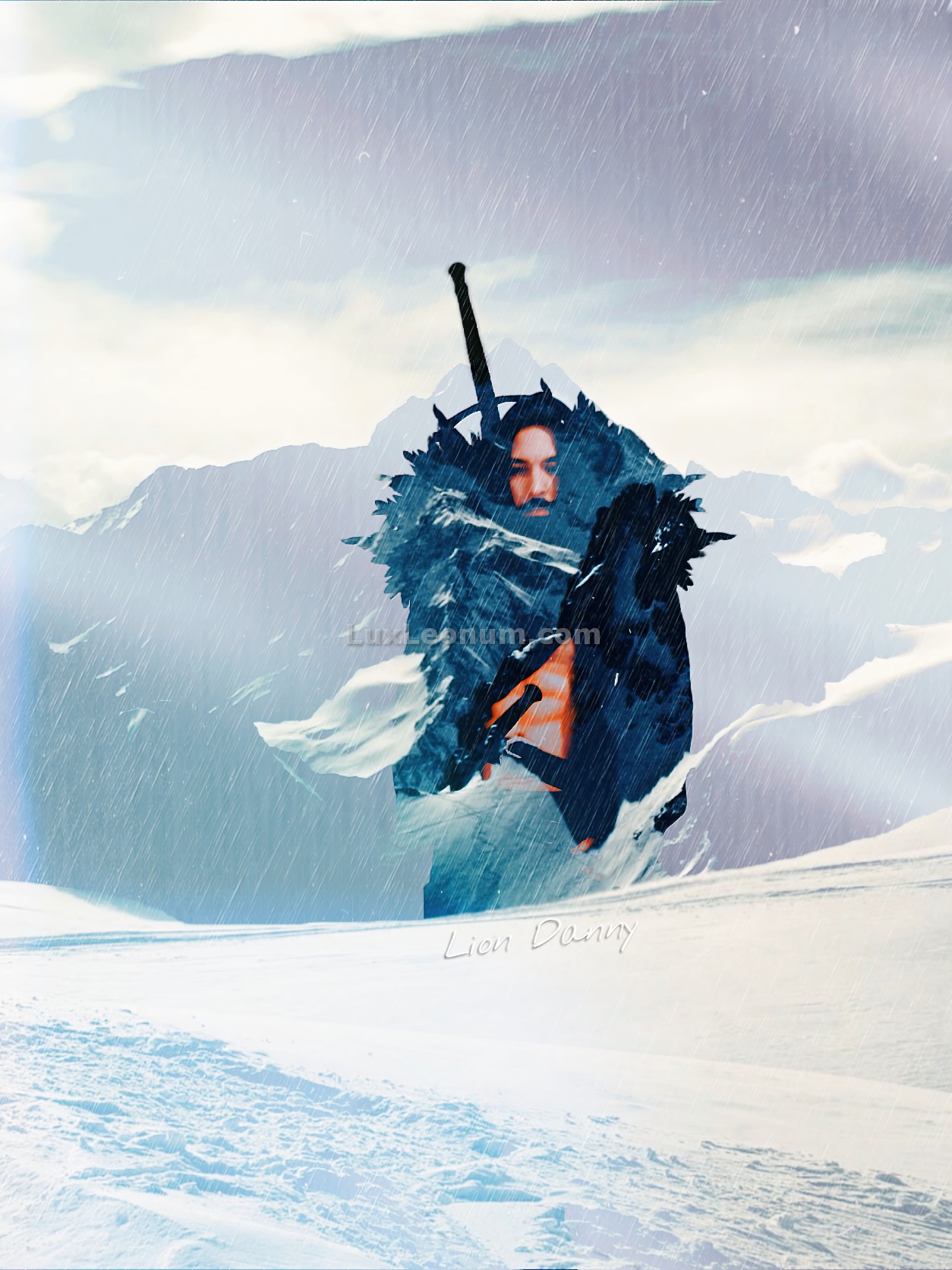 abstract artwork of a man bearing a greasword and a thick black jacket with the design of mountains walks up to the top of a steep mountain covered in snow
