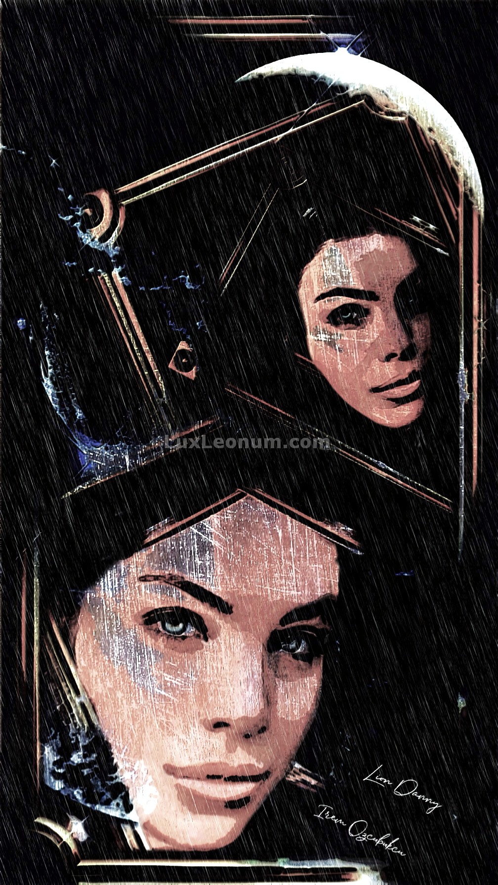Abstract artwork depicting two faces of a female woman of blue eyes, fitting inside of golden portrait frames in a galaxy and moon theme