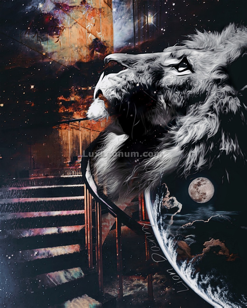 abstract artwork of a lion head looking up into the galaxy beside a stairway and a planet