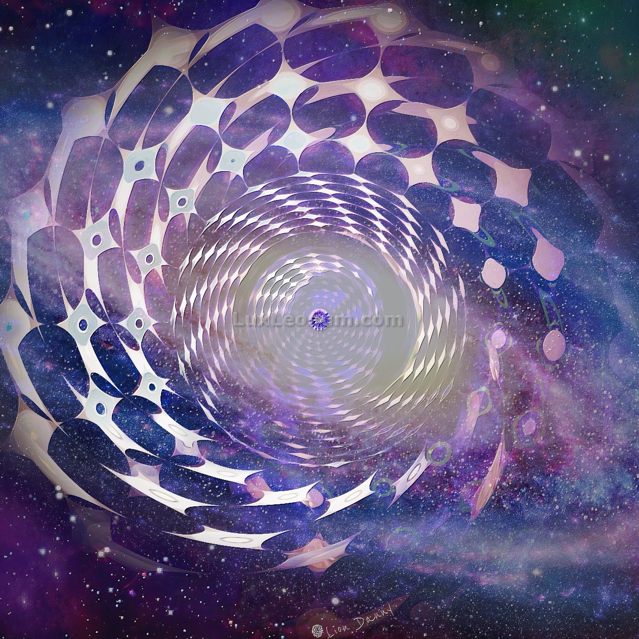 abstract art of a vibrant purple galaxy with many stars, in its middle is a spinning trapeze-like figure made of many links and sharp stars Original Artwork by Lux Leonum