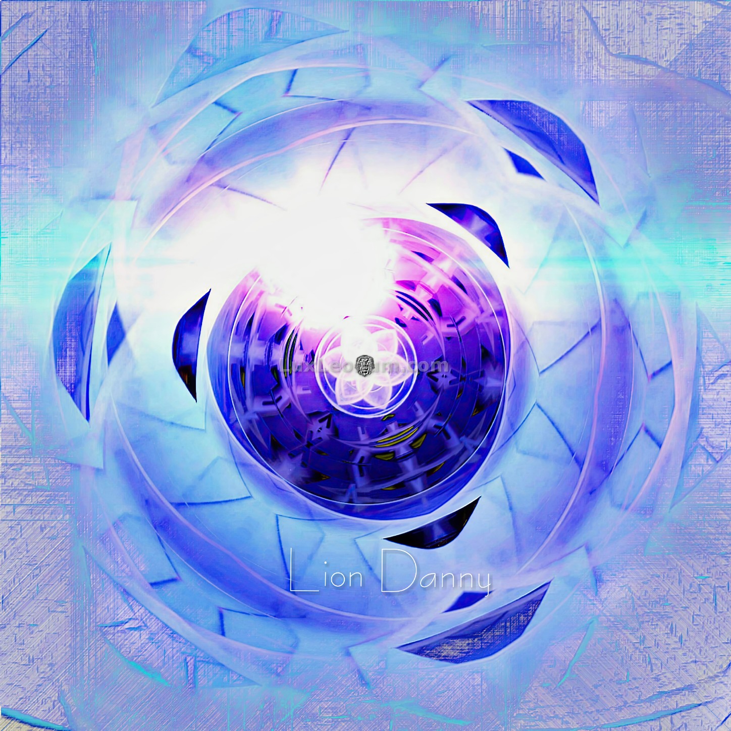 Abstract artwork of a 12-leafed flower in the middle of dark-purple cillinders which become cyan-blue and white from the inside to the outside Original Artwork by Lux Leonum